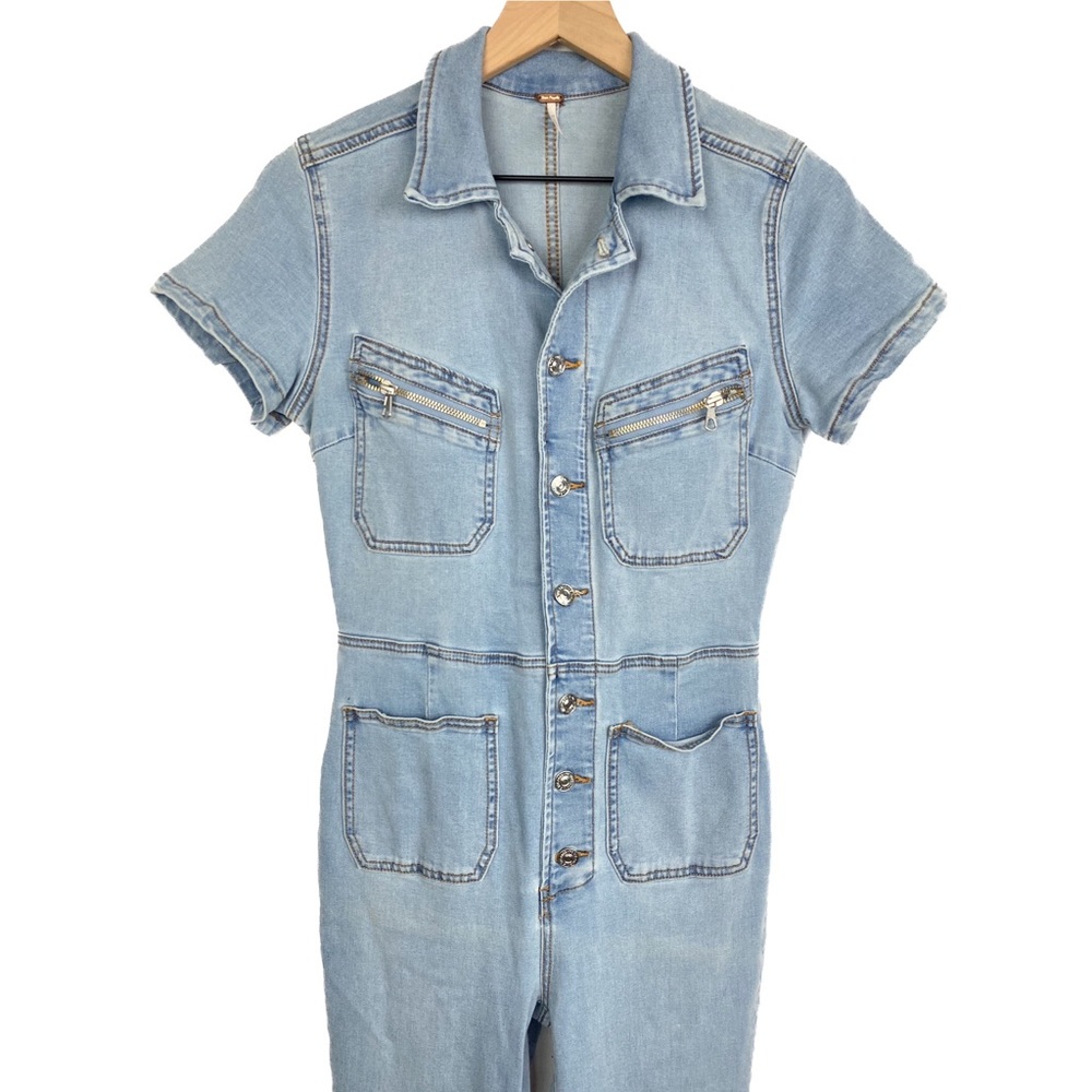 Free People Hearts Beat Fitted Flare Denim Coverall Jumpsuit in Sunbath Blue - S - Picture 5 of 10